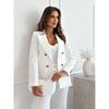 Women's Routine Fit Solid Color Acrylic Jacket with Suit Collar Nine Quarter Sleeves and Double Row Two Buttons in White for Autumn
