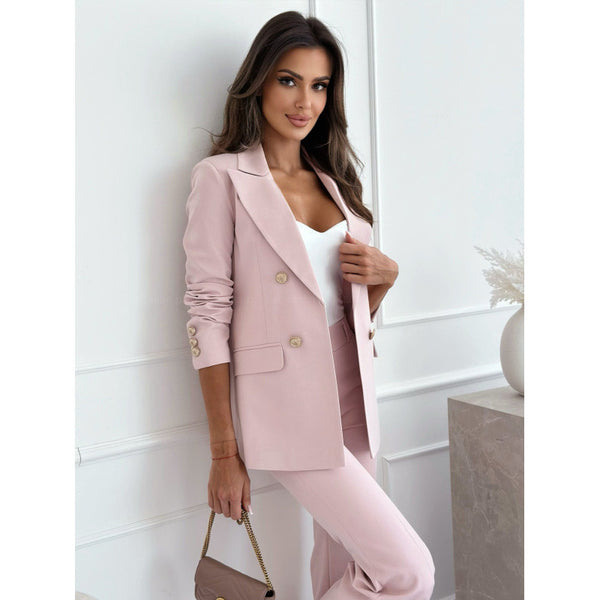 Women's Routine Fit Solid Color Acrylic Jacket with Suit Collar Nine Quarter Sleeves and Double Row Two Buttons in White for Autumn