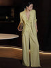 Women's Long Sleeve Solid Color Cotton Linen Office Style Suit Set Three Piece Outfit for Summer in Elegant Style