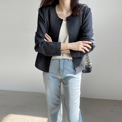 Women's Slim Fit Cotton Linen Round Neck Long Sleeve Single Breasted Casual Cardigan for Spring in Solid Color