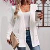 Women's Routine Fit Collarless Long Sleeve Polyester Solid Color Hollow Out Cardigan with No Buckle for Autumn in Black