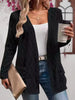 Women's Routine Fit Collarless Long Sleeve Polyester Solid Color Hollow Out Cardigan with No Buckle for Autumn in Black