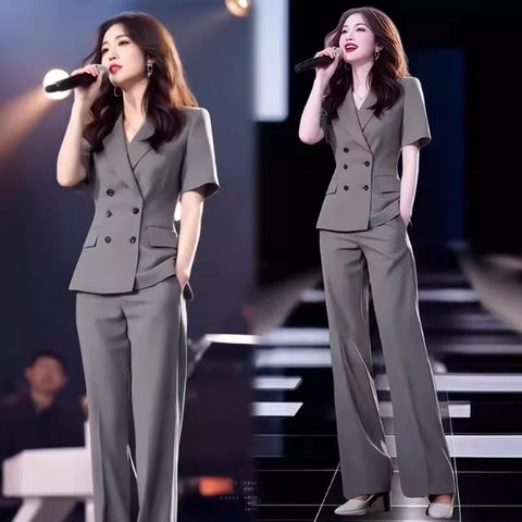 Women's Five-Quarter Sleeves Polyester Pants Suit Set for Spring Fall in Black