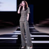 Women's Five-Quarter Sleeves Polyester Pants Suit Set for Spring Fall in Black