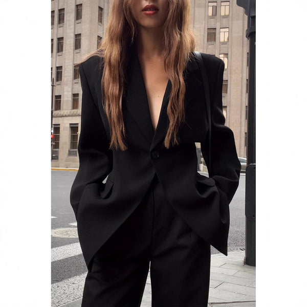 Women's Slim Fit One Button Polyester Solid Color Flat Lapel Long Sleeve Casual Jacket for Spring Fall in Dark Wind Style