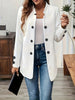 Women's Loose Fit Solid Color Stand Collar Long Sleeve Three Button Polyester Blazer with Buttons for Elegant Autumn Fall in Black