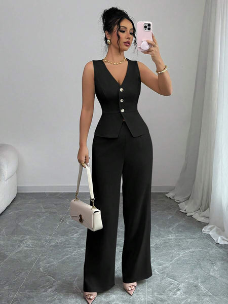 Women's Casual Polyester Solid Color Sleeveless Solid Color Pants Set with Suit Vest and Trousers for Summer Daily Wear in Black Burgundy