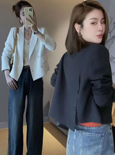 Women's Cropped Blazer, Lapel Collar, Button Front and Long Sleeves
