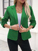 Women's Slim Fit Polyester Solid Color Suit Collar Three-Quarter Sleeve One Button Office Jacket for Spring Work in Green