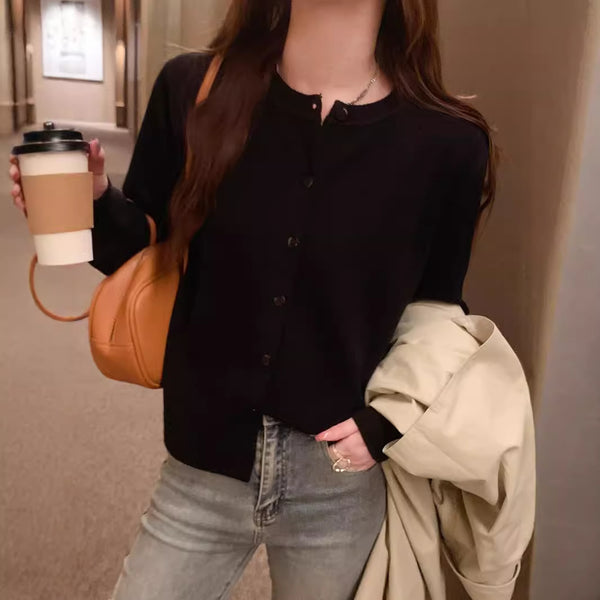 Women's Loose Single-Breasted Round Neck Pvc Solid Color Basic Style Long Sleeve Cardigan for Autumn in White Apricot Orange Yellow