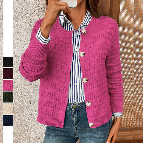 Women's Regular Fit Cotton Polyester Yarn Plaid Round Neckline Pullover Cardigan for Summer in Apricot