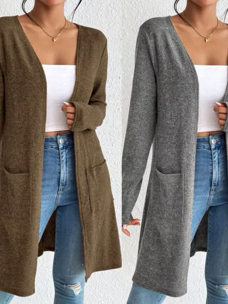 Women's Regular Fit Solid Color Polyester Open Front Cardigan Casual Knitwear for Spring in Brown