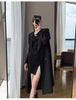 Women's Loose Fit Spring Polyester Solid Color Suit Collar Double Breasted Minimalist Style Long Jacket for Casual Wear in Brown