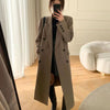 Women's Loose Fit Spring Polyester Solid Color Suit Collar Double Breasted Minimalist Style Long Jacket for Casual Wear in Brown