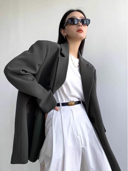 Women's Loose Fit Spring Polyester Solid Color Suit Collar One Button Long Sleeve Jacket with Pocket Urban Style for Office in Black