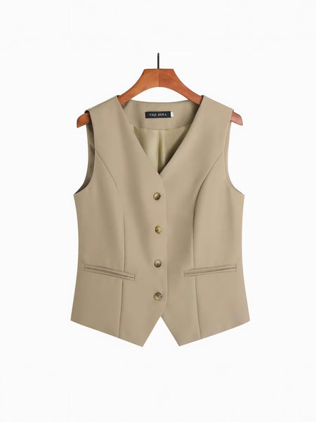 Women's Slim Fit V-Neck Solid Color Polyester Vest with Single Row Multiple Buckles and Pocket for Office in Spring Khaki