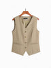 Women's Slim Fit V-Neck Solid Color Polyester Vest with Single Row Multiple Buckles and Pocket for Office in Spring Khaki