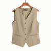 Women's Slim Fit V-Neck Solid Color Polyester Vest with Single Row Multiple Buckles and Pocket for Office in Spring Khaki