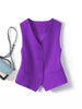Women's Slim Fit V-Neck Solid Color Polyester Vest with Single Row Multiple Buckles and Pocket for Office in Spring Khaki