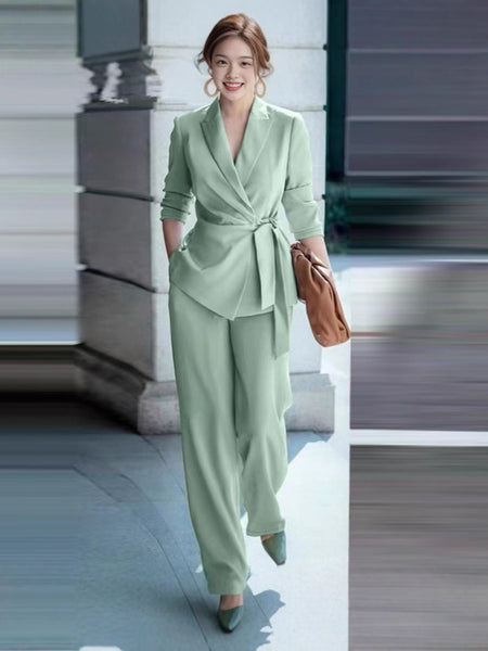 Women's Elegant Polyester Solid Color Long Sleeves Suit Set for Autumn Fall in Khaki Black Green Pink