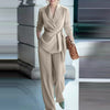 Women's Elegant Polyester Solid Color Long Sleeves Suit Set for Autumn Fall in Khaki Black Green Pink