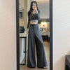 Women's High Waist Wide Leg Woven Fabric Solid Color Slimming Office Pants with Draped Trailing Hem for Autumn in Black
