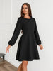 Women's A-Line Dress, Round Neck, Long Puff Sleeves and Side Pockets