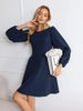 Women's A-Line Dress, Round Neck, Long Puff Sleeves and Side Pockets