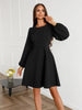 Women's A-Line Dress, Round Neck, Long Puff Sleeves and Side Pockets