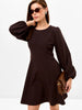 Women's A-Line Dress, Round Neck, Long Puff Sleeves and Side Pockets