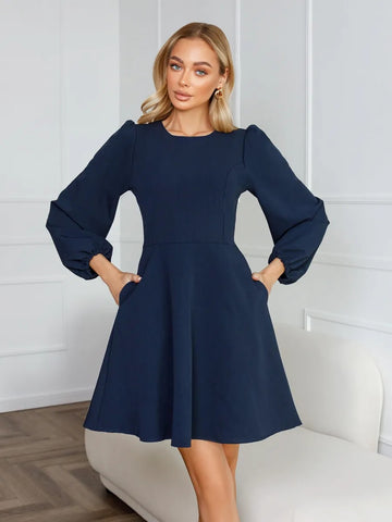 Women's A-Line Dress, Round Neck, Long Puff Sleeves and Side Pockets