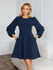 Women's A-Line Dress, Round Neck, Long Puff Sleeves and Side Pockets