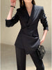 Women's Korean Style Long Sleeve Polyester Wrinkle Pants with Suit Set Elements for Autumn Casual Wear in Plus Size