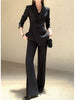 Women's Korean Style Long Sleeve Polyester Wrinkle Pants with Suit Set Elements for Autumn Casual Wear in Plus Size
