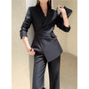 Women's Korean Style Long Sleeve Polyester Wrinkle Pants with Suit Set Elements for Autumn Casual Wear in Plus Size