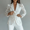 Women's Slim Fit Polyester Solid Color Suit Collar One Button Long Sleeve Hollow Out Elegant Blazer with Lining for Spring in White Black