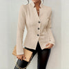 Women's Conventional Fit Stand Collar Long Sleeve Three Button Office Jacket with Buttons for Autumn in White Grey Black Khaki