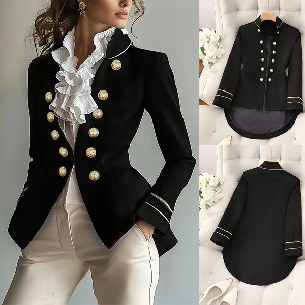 Women's Irregular Fit Polyester Solid Color Stand Collar One Button Long Sleeve Elegant Blazer for Spring in Black Lined