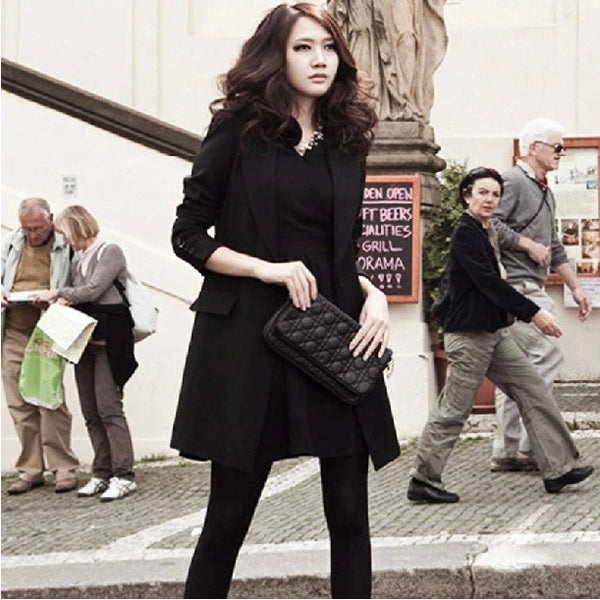 Women's Slim Fit Polyester Solid Color Suit Collar One Button Long Sleeve Jacket with Pocket for Autumn Office in Black
