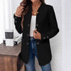 Women's Elegant Conventional Fit Polyester Solid Color Stand Collar Long Sleeve Double Breasted Jacket with Pockets for Autumn in Black