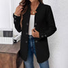 Women's Elegant Conventional Fit Polyester Solid Color Stand Collar Long Sleeve Double Breasted Jacket with Pockets for Autumn in Black
