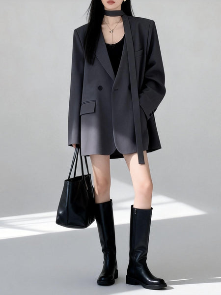 Women's Blazer, Notched Lapels, Long Sleeves, Relaxed Fit and Tie Detail