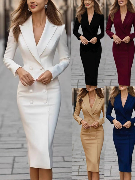 Women's Slim Fit Autumn Knitted Solid Color Suit Collar Long Sleeve Single Breasted Button Dress for Office Commute in White