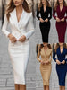 Women's Slim Fit Autumn Knitted Solid Color Suit Collar Long Sleeve Single Breasted Button Dress for Office Commute in White