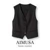 Women's Conventional Fit Color Matching Polyester V-neck Sleeveless Vest with Single Row Multiple Buckles and Pockets for Autumn in Grey