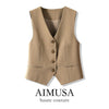 Women's Conventional Fit Color Matching Polyester V-neck Sleeveless Vest with Single Row Multiple Buckles and Pockets for Autumn in Grey
