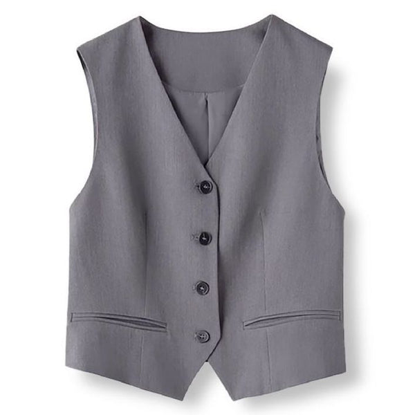 Women's Conventional Fit Color Matching Polyester V-neck Sleeveless Vest with Single Row Multiple Buckles and Pockets for Autumn in Grey