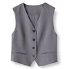 Women's Conventional Fit Color Matching Polyester V-neck Sleeveless Vest with Single Row Multiple Buckles and Pockets for Autumn in Grey