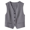 Women's Conventional Fit Color Matching Polyester V-neck Sleeveless Vest with Single Row Multiple Buckles and Pockets for Autumn in Grey