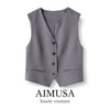 Women's Conventional Fit Color Matching Polyester V-neck Sleeveless Vest with Single Row Multiple Buckles and Pockets for Autumn in Grey